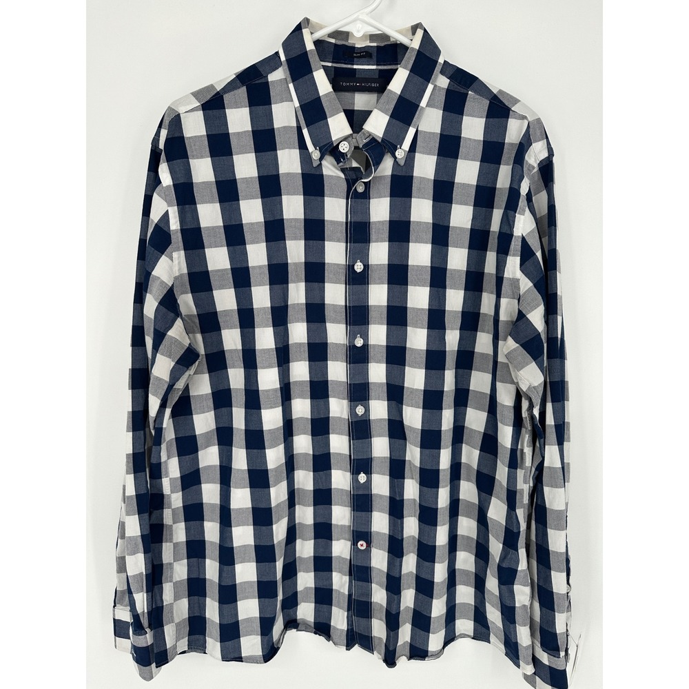 Tommy Hilfiger Mens Slim Fit Gingham Button Down Shirt Navy White XL 17 34/35